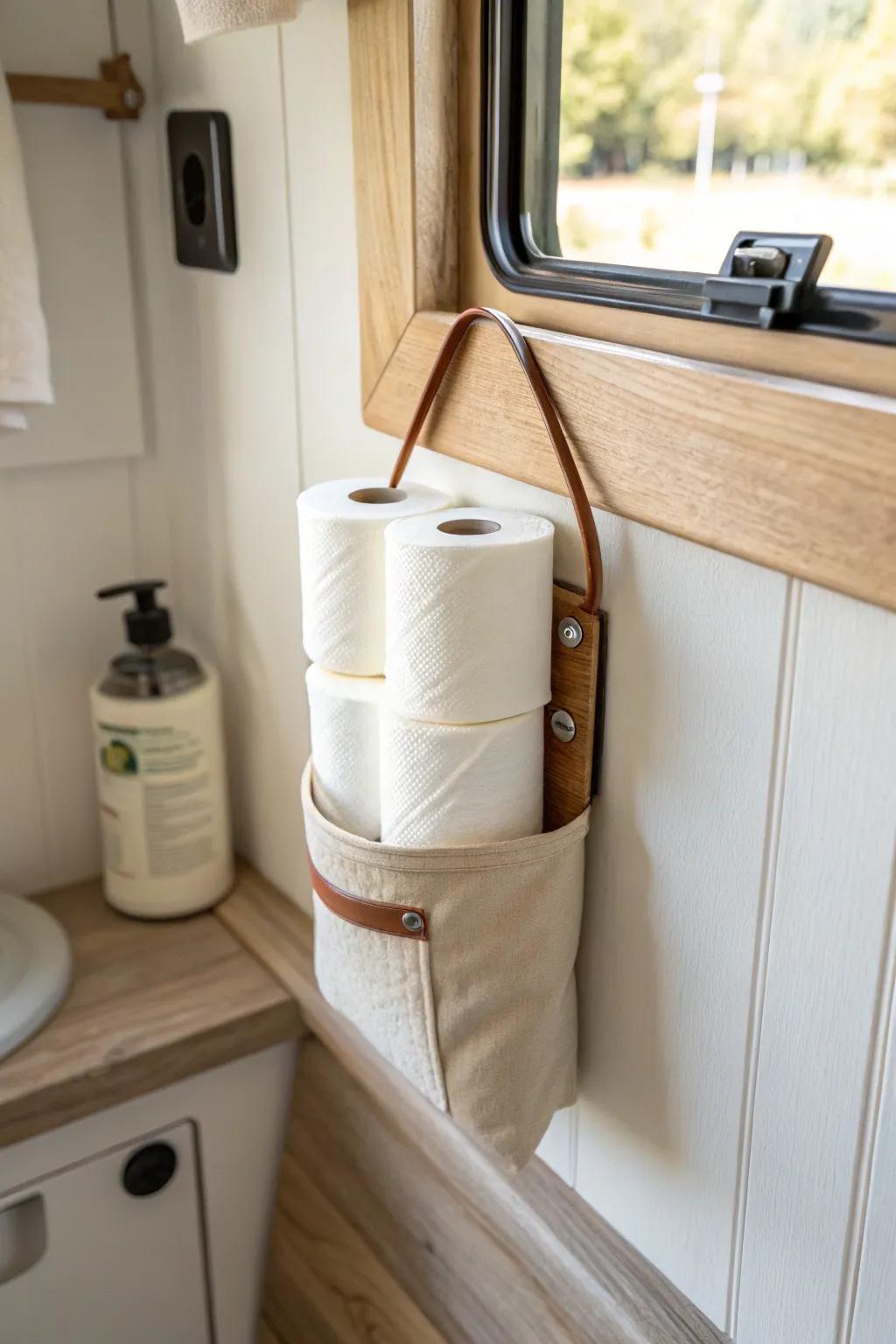 A wall-mounted linen pouch keeps RV toilet paper stored vertically—tidy, secure, and chic.