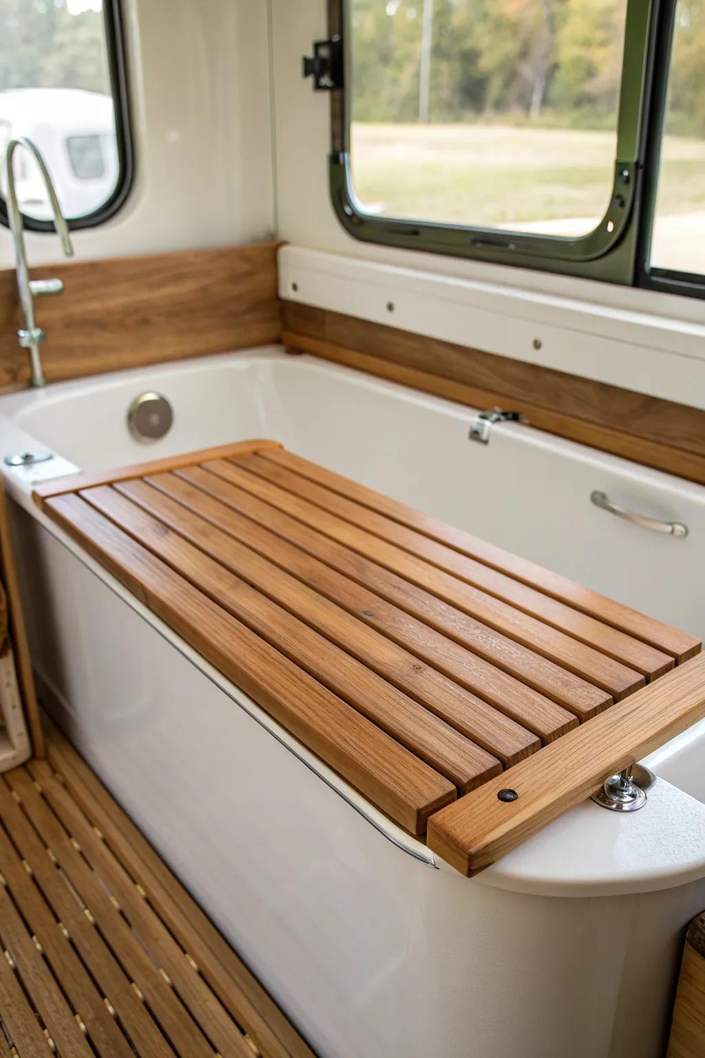 DIY slatted tub cover turns your RV bathtub into a warm, minimalist bench in seconds.