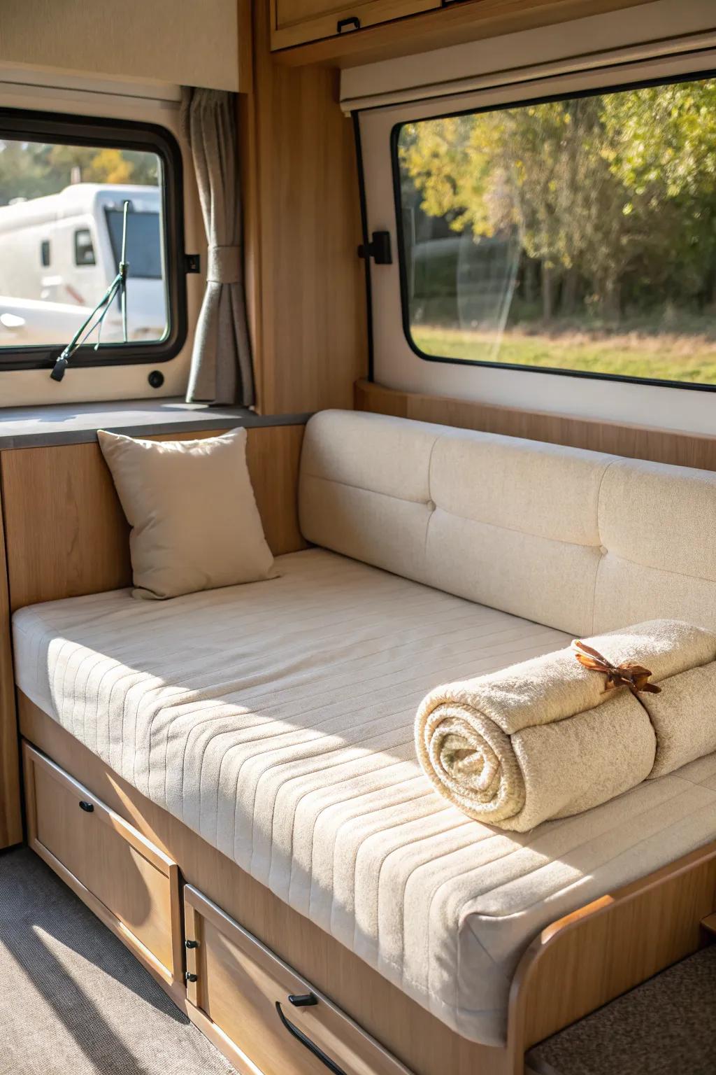 A sofa-to-bed pullout that stays cozy—keep a chic “bed bundle” ready for fast setup.