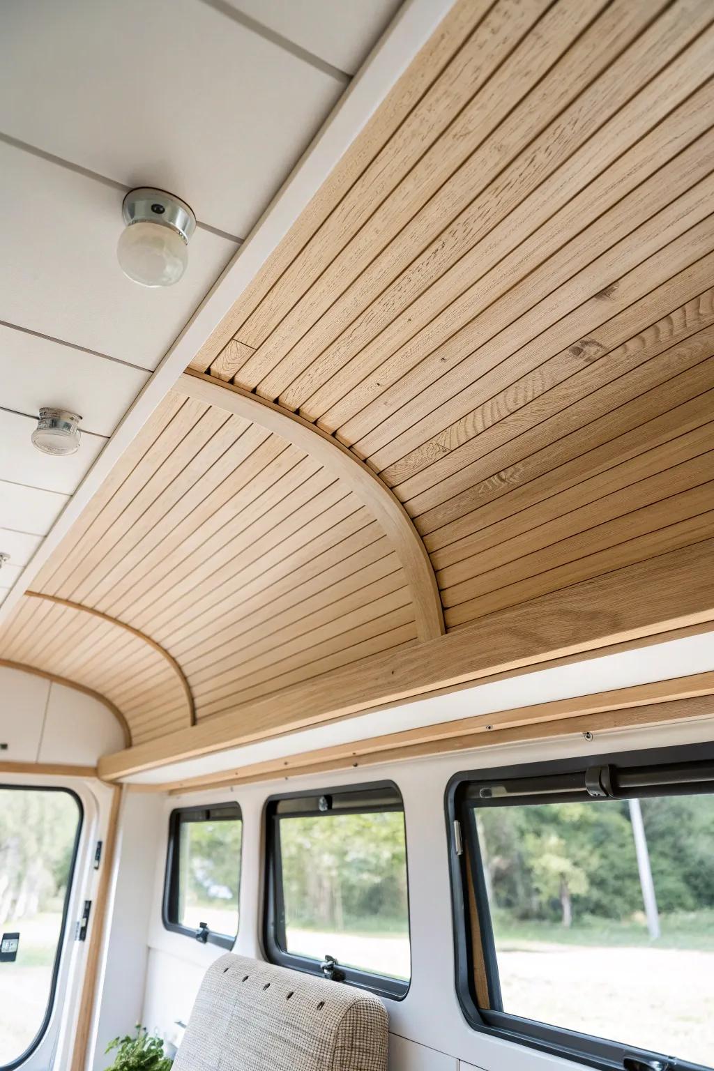 Flexible wood slats that hug curved RV ceilings—smooth, minimal, and beautifully crafted.