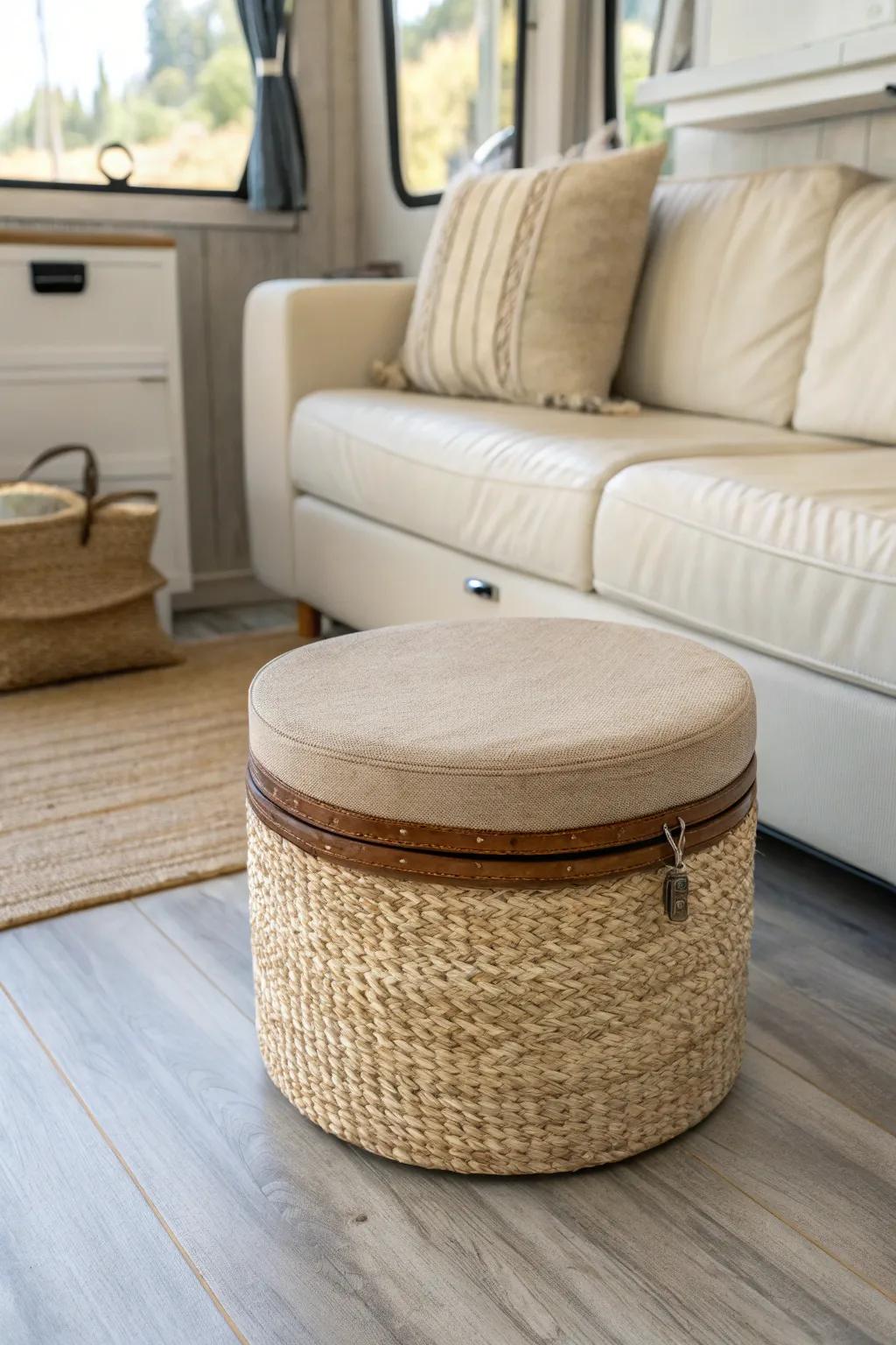 A chic storage ottoman hides blankets and chargers while doubling as a footrest and extra seat.