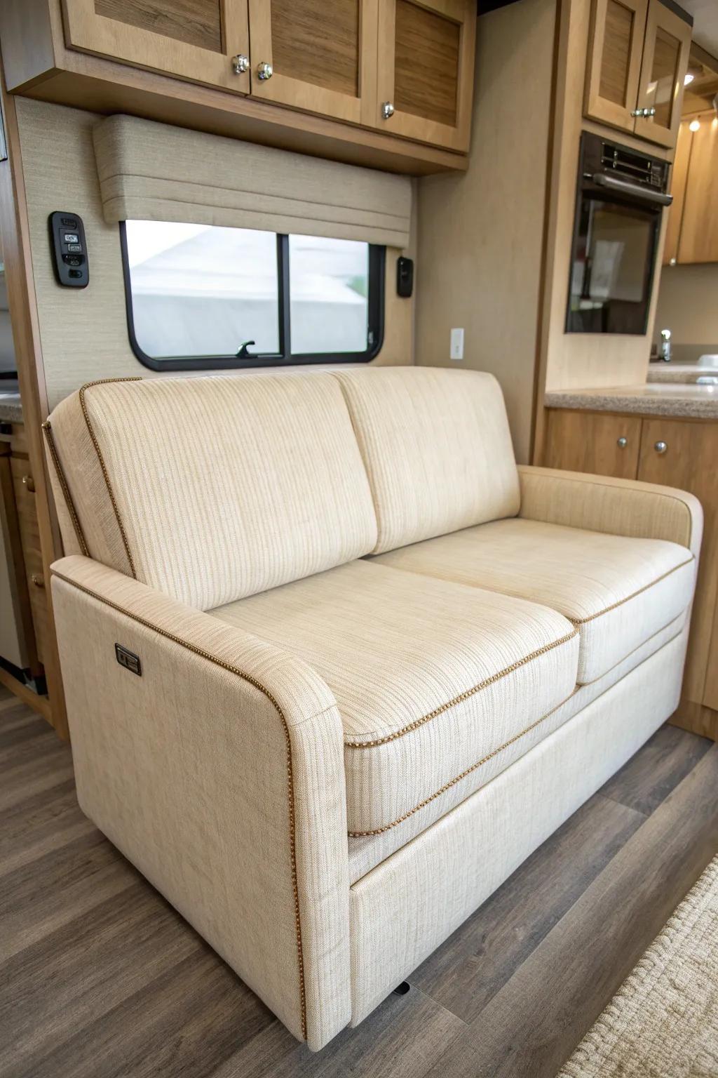 Upgrade your RV couch with chic wipeable performance fabric—calm, cozy, and kid‑proof.