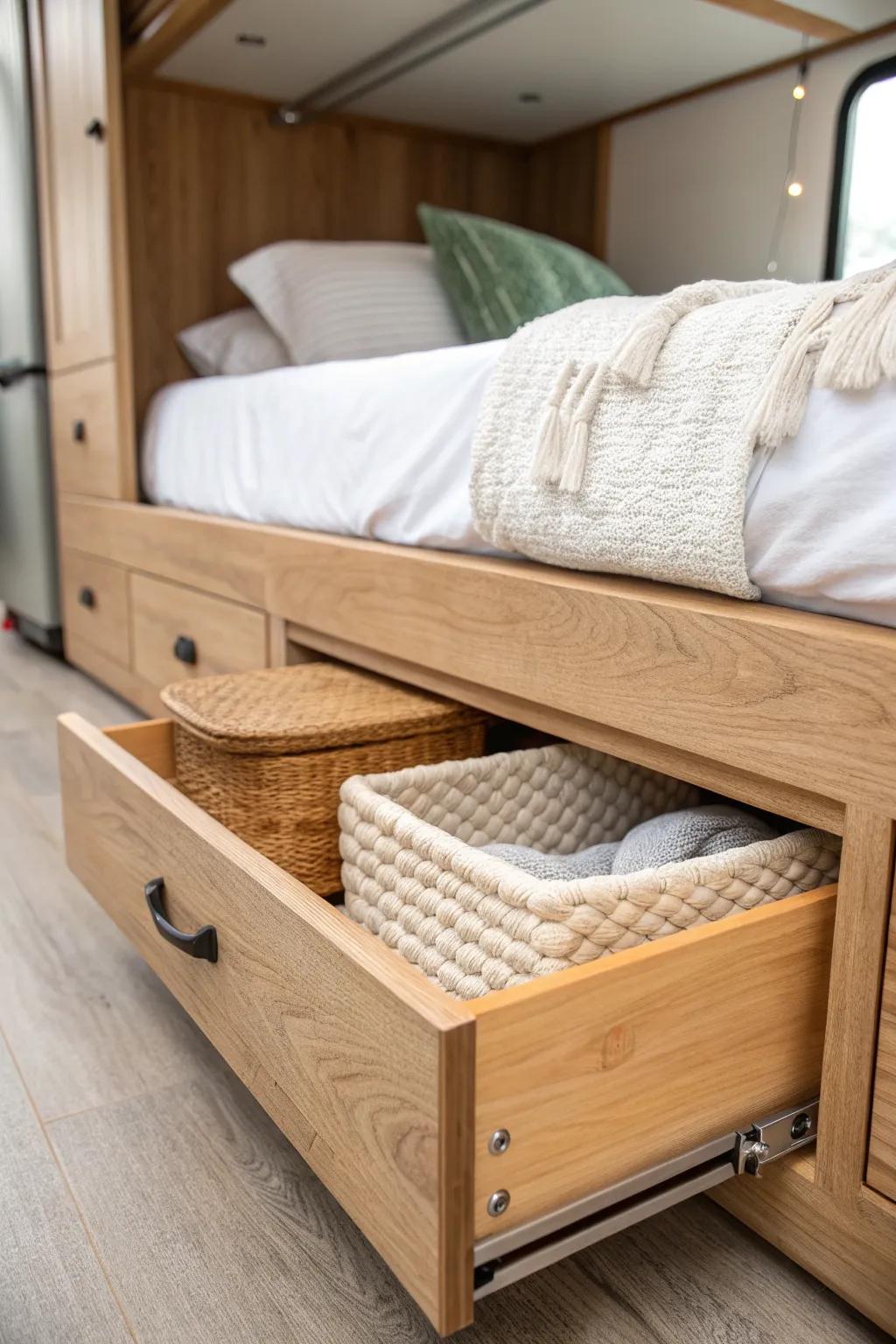 Under-bed drawers in your RV: real storage that hides clutter and keeps essentials within reach.