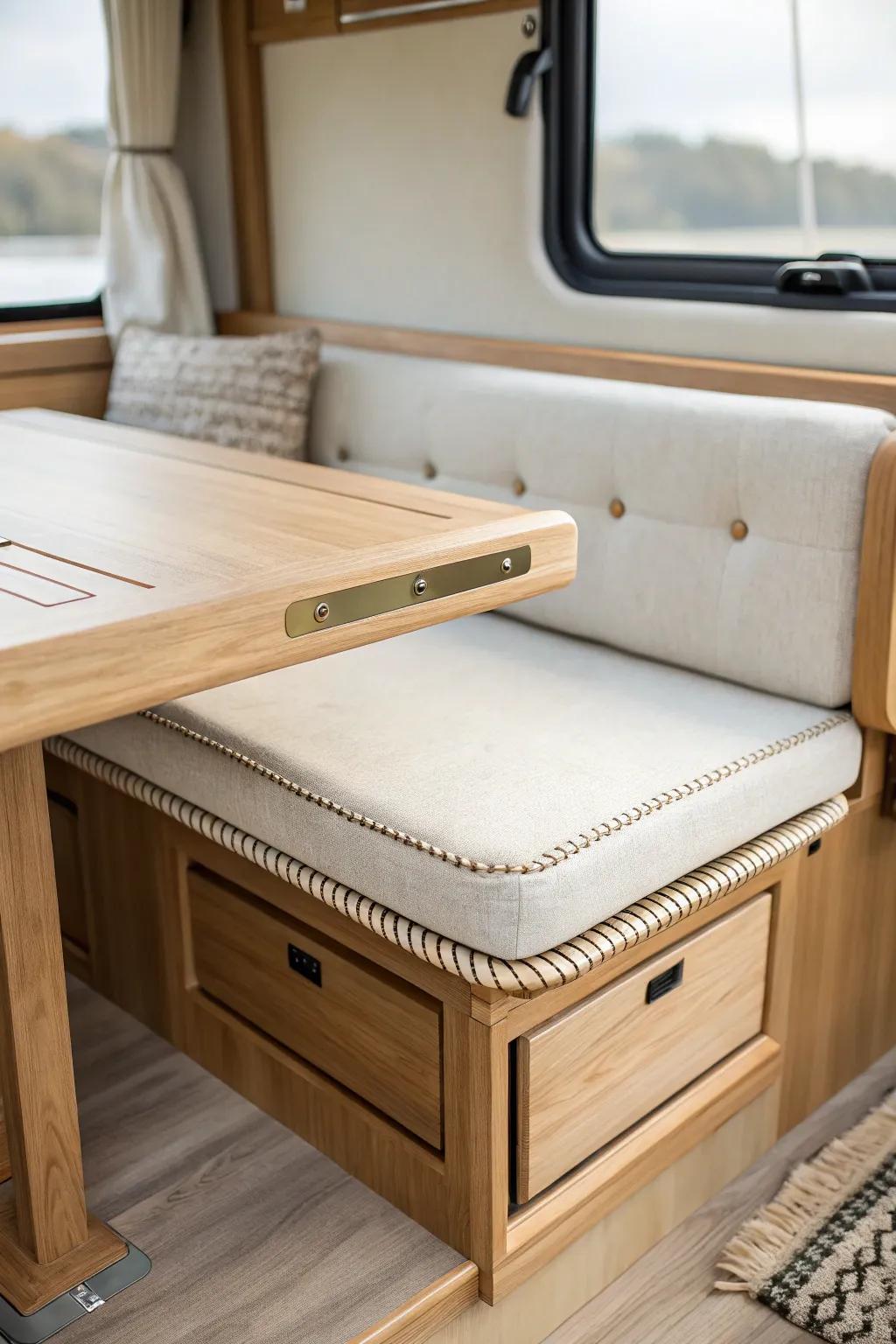 Space-smart RV bench with a pull-out work surface—minimal, warm, and beautifully functional.