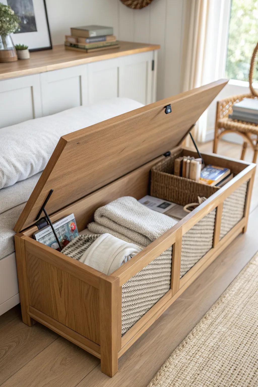 Lift-top RV dining bench: chic seating plus hidden storage for linens and game nights.