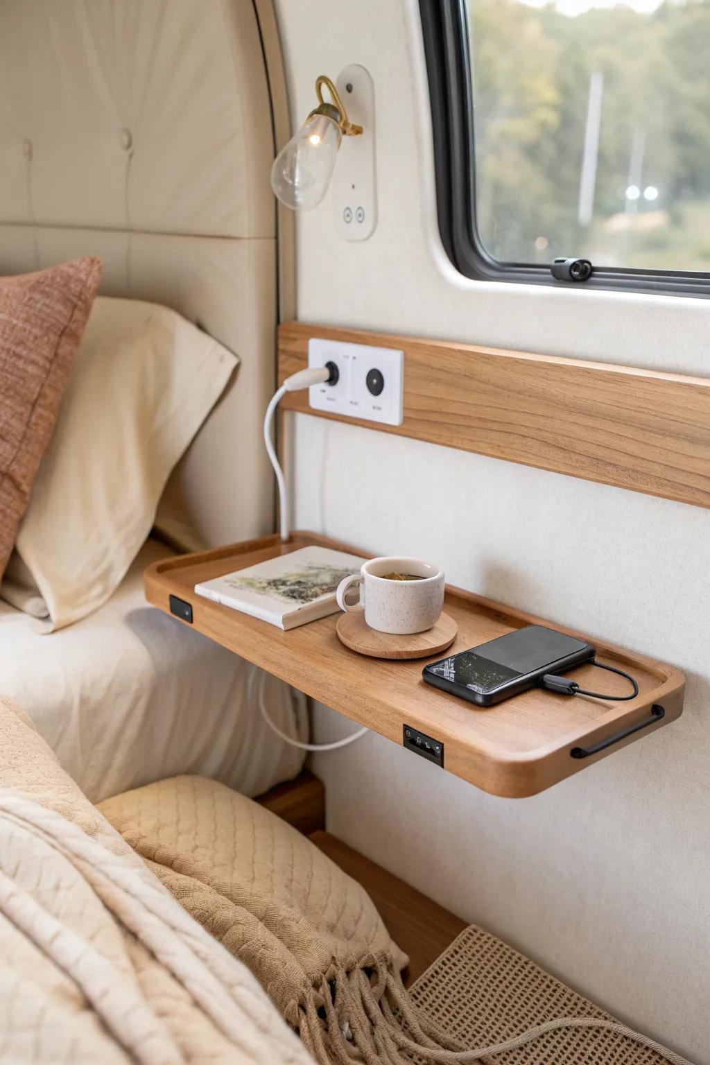 Swap a bulky RV nightstand for a sleek wall shelf—more walkway space, same bedside essentials.