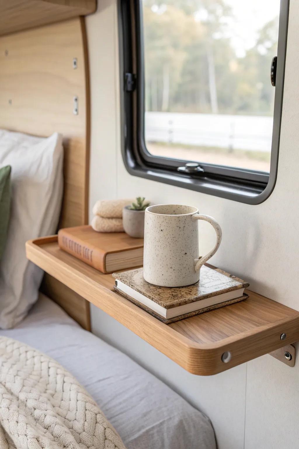 A slim floating shelf nightstand keeps RV bedside essentials handy—without crowding the bed.