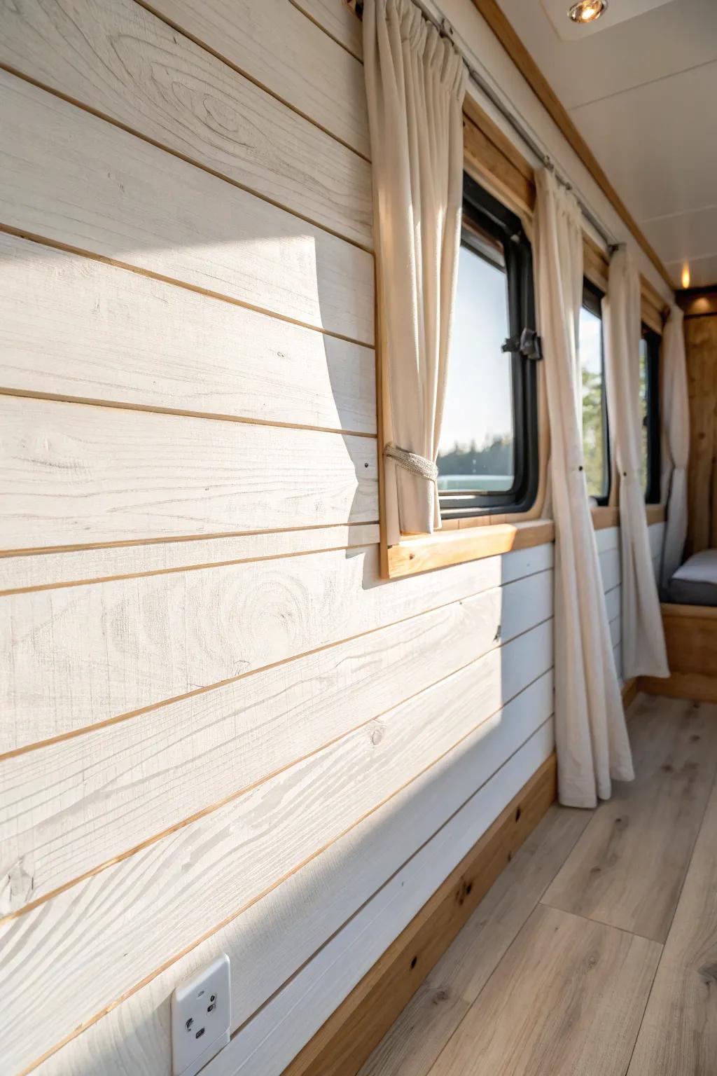 Lightweight faux shiplap panels add a bright, cozy cabin vibe—perfect for RV walls.
