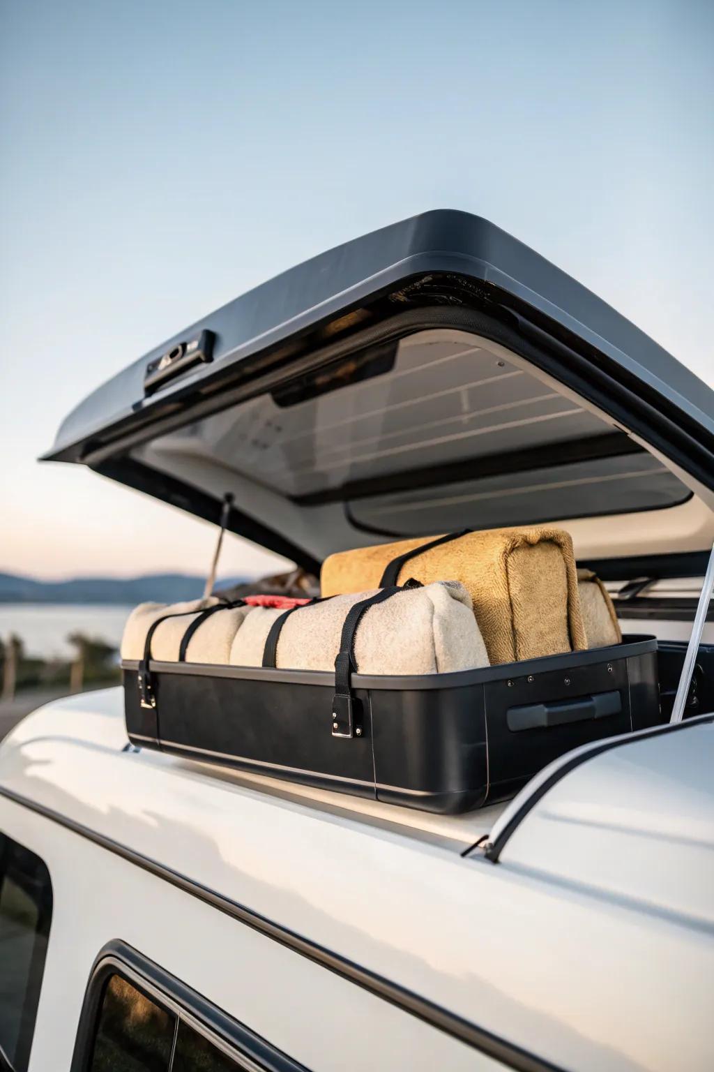 A sleek roof storage box keeps seasonal gear dry and your RV interior calm and clutter-free.