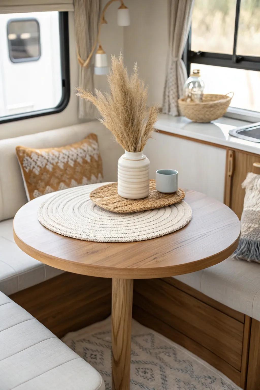 Round RV table with soft edges—easy pass-through flow and a bright, minimalist look.