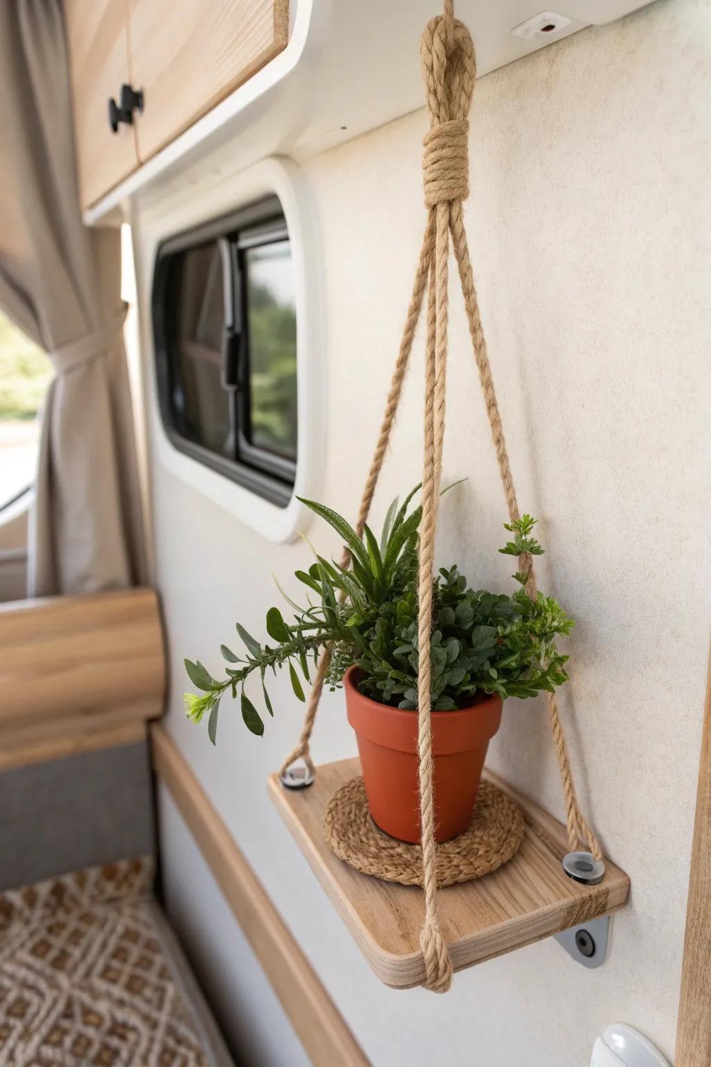 Travel-proof hanging plant shelf: minimal oak + jute with secured greenery for RV life.