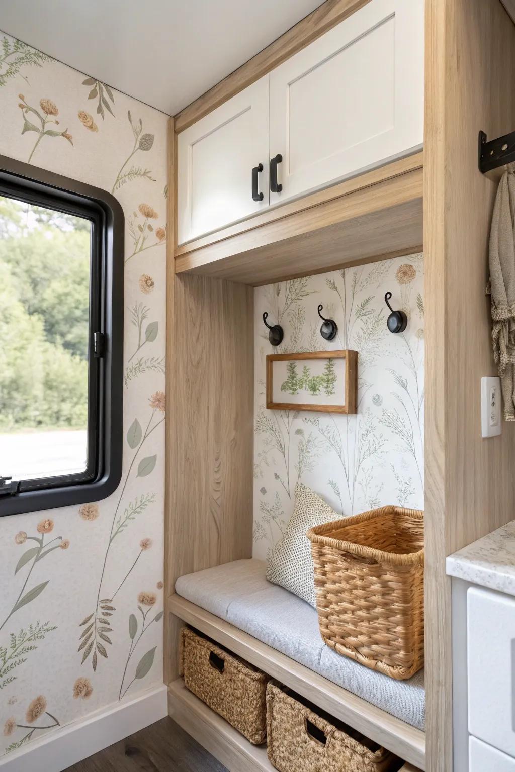 Wallpaper a tiny RV entry nook to define the corner and keep hooks + cubbies feeling tidy.