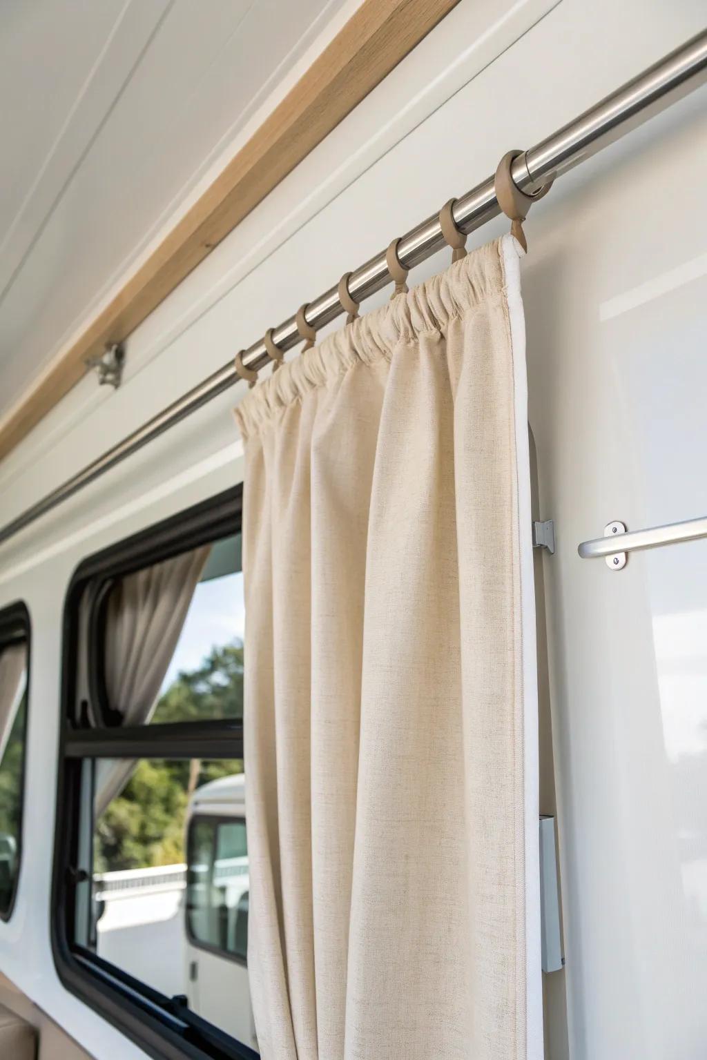 A clean curtain track keeps slide-out panels stable, tidy, and travel-ready in small RV spaces.