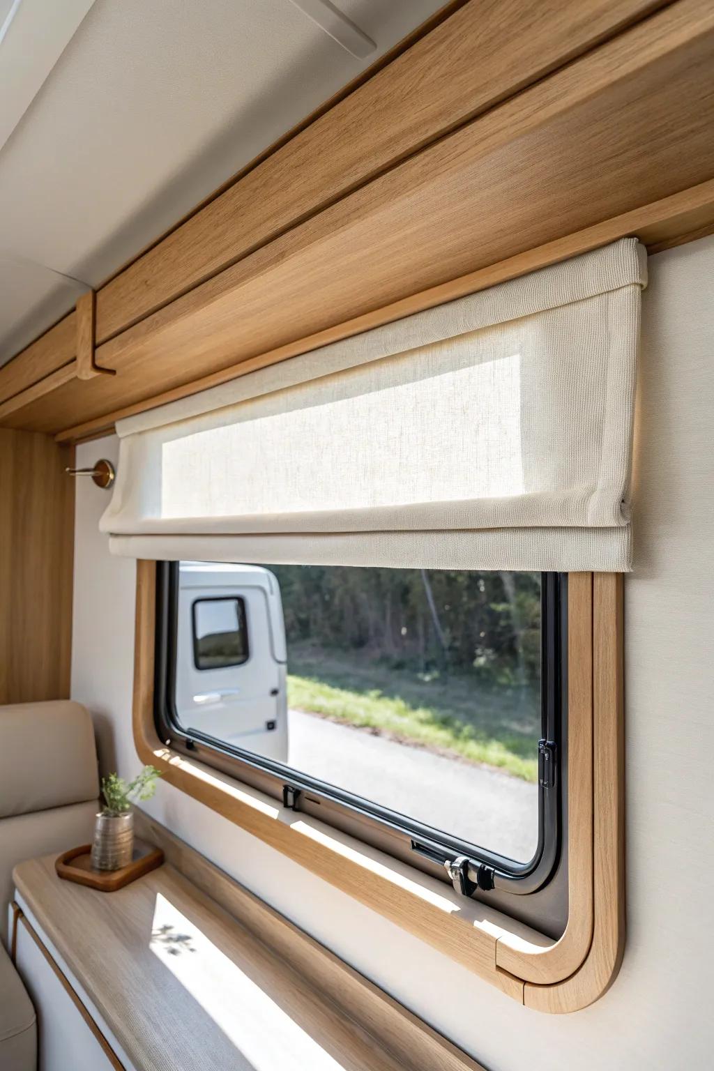Sleek flat cornice RV valance—clean lines, calm ceiling edge, and warm natural texture.