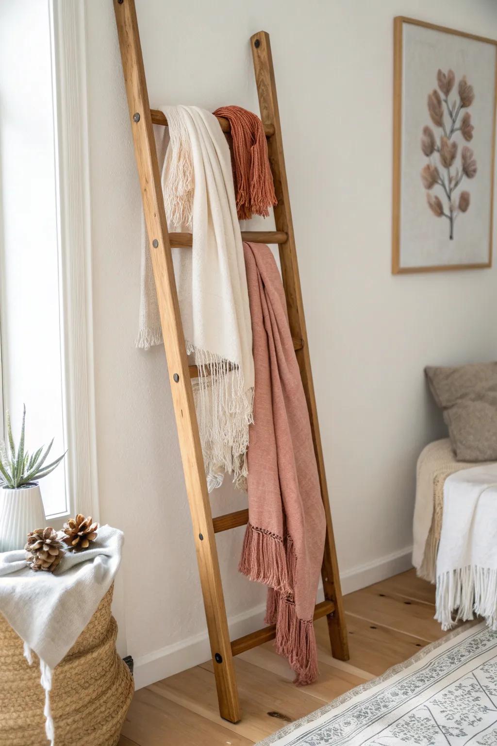 A slim leaning ladder turns scarves into art—styled, tidy, and perfect for small-space corners.
