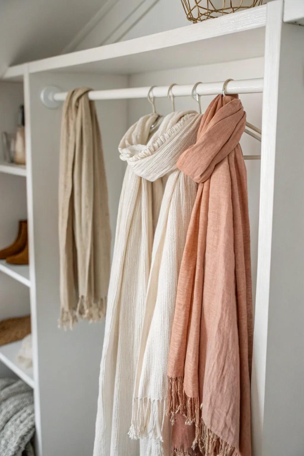 No-drill tension rod turns a closet nook into an instant, renter-friendly scarf bar.