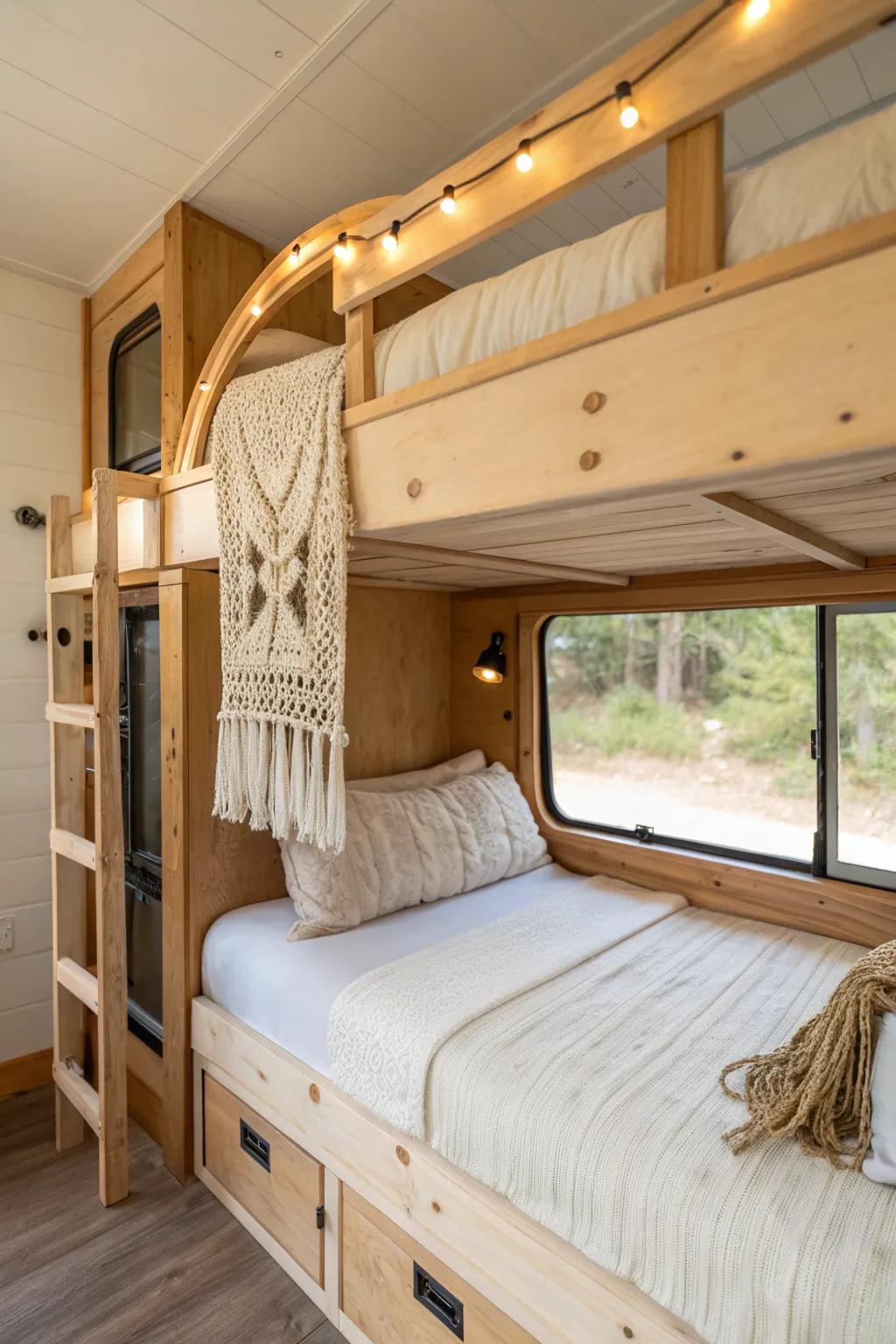 Cozy bus bunks with built-in cubbies and warm reading lights—sleep more without feeling cramped.