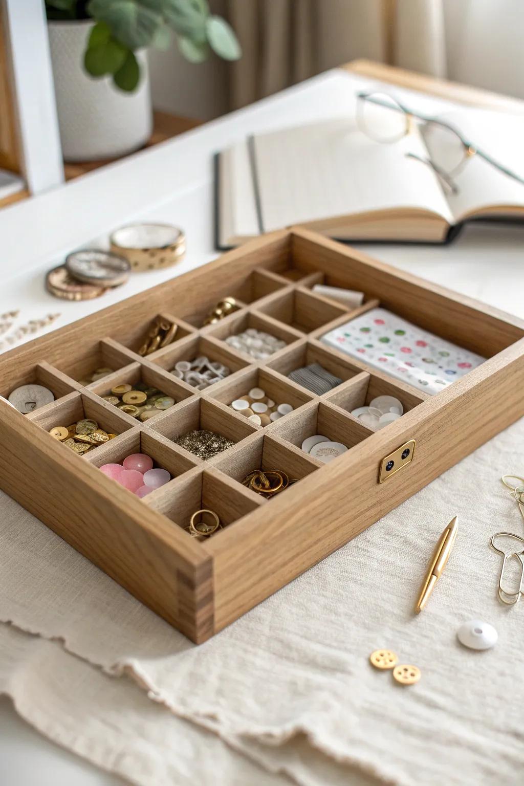 Keep brads and buttons tidy with pretty drawer dividers—small scraps, zero chaos.