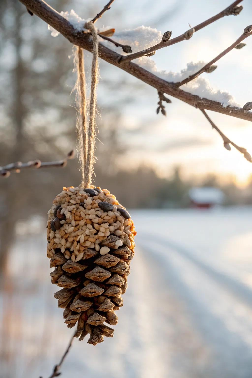 Crafting joy in winter: a pinecone bird feeder for our feathered friends.
