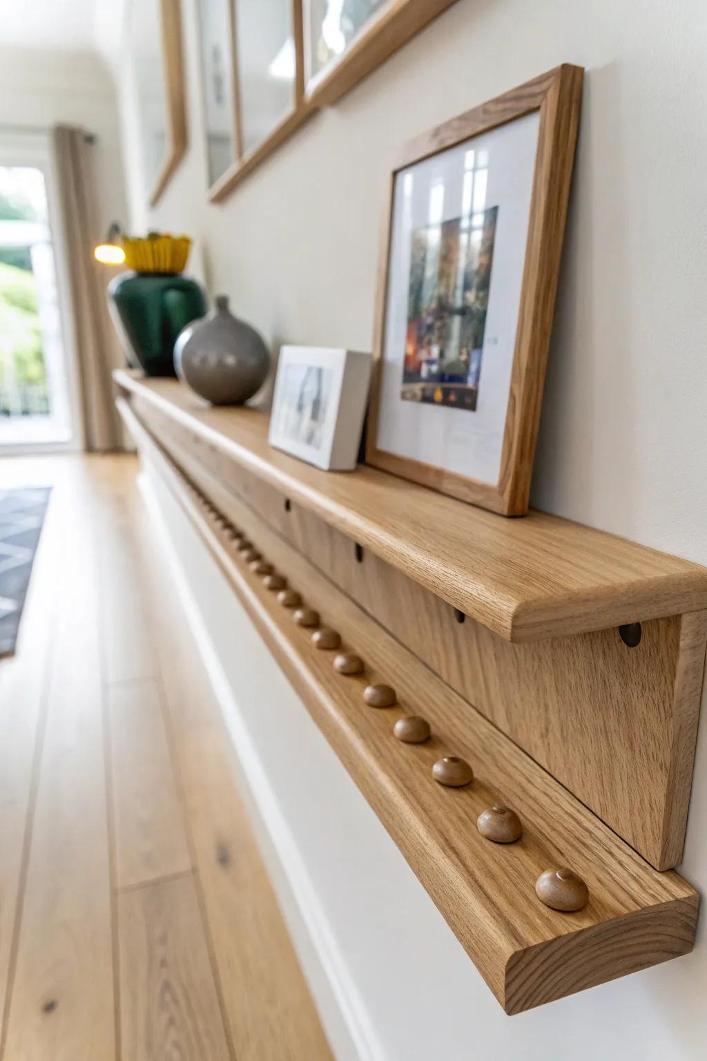 Invisible under-shelf fidget rail—calming texture for busy hands in a minimalist hallway.