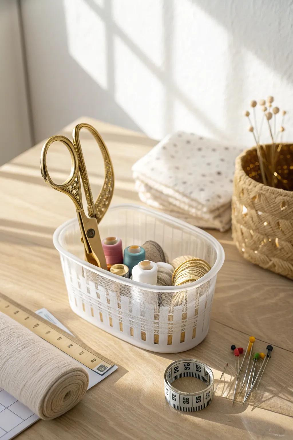 A clear “in-use” basket keeps your sewing tools together mid-project—tidy and calm.