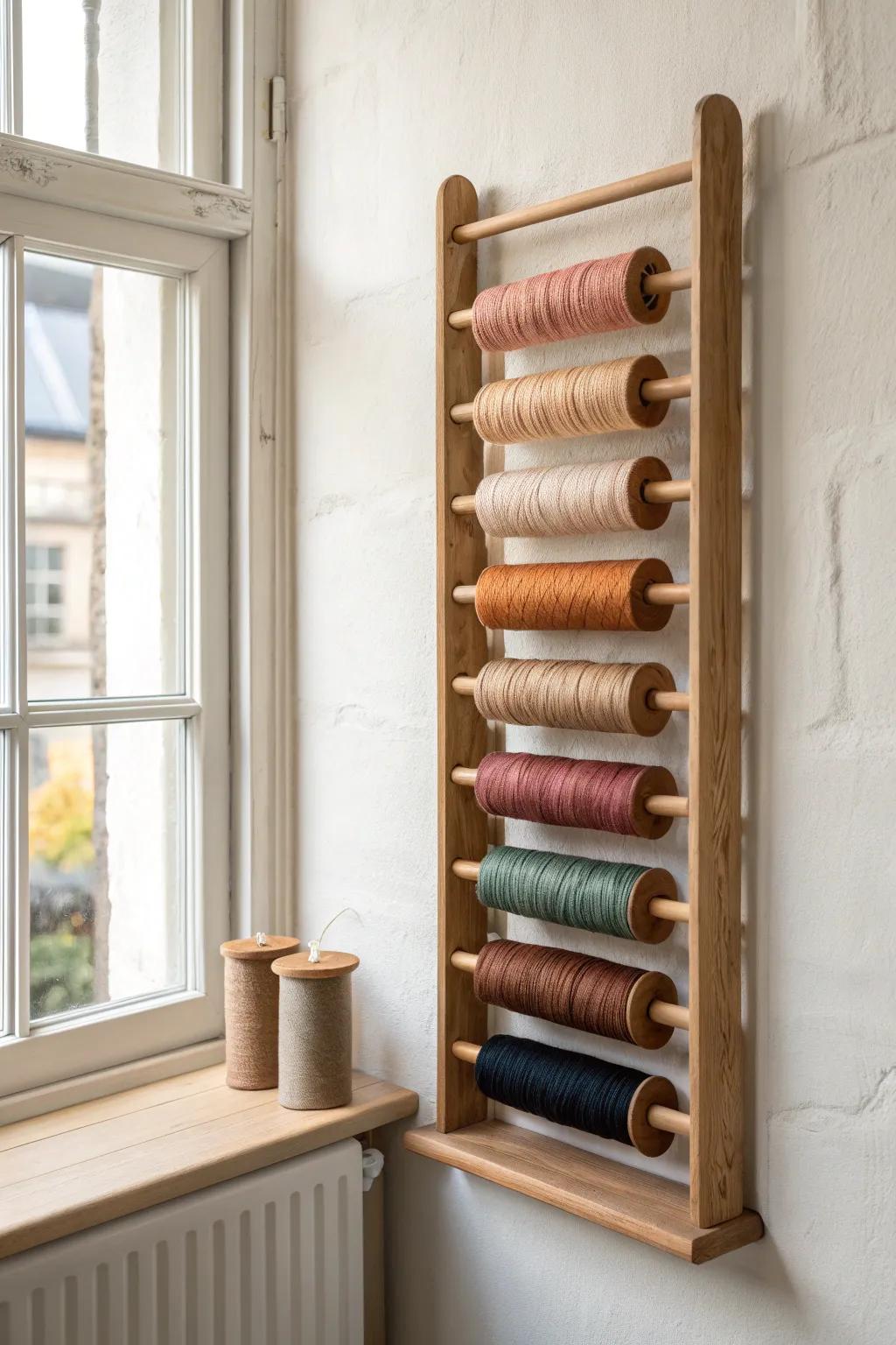 Sort thread by type, then color families—this compact rack makes matching fast and beautiful.