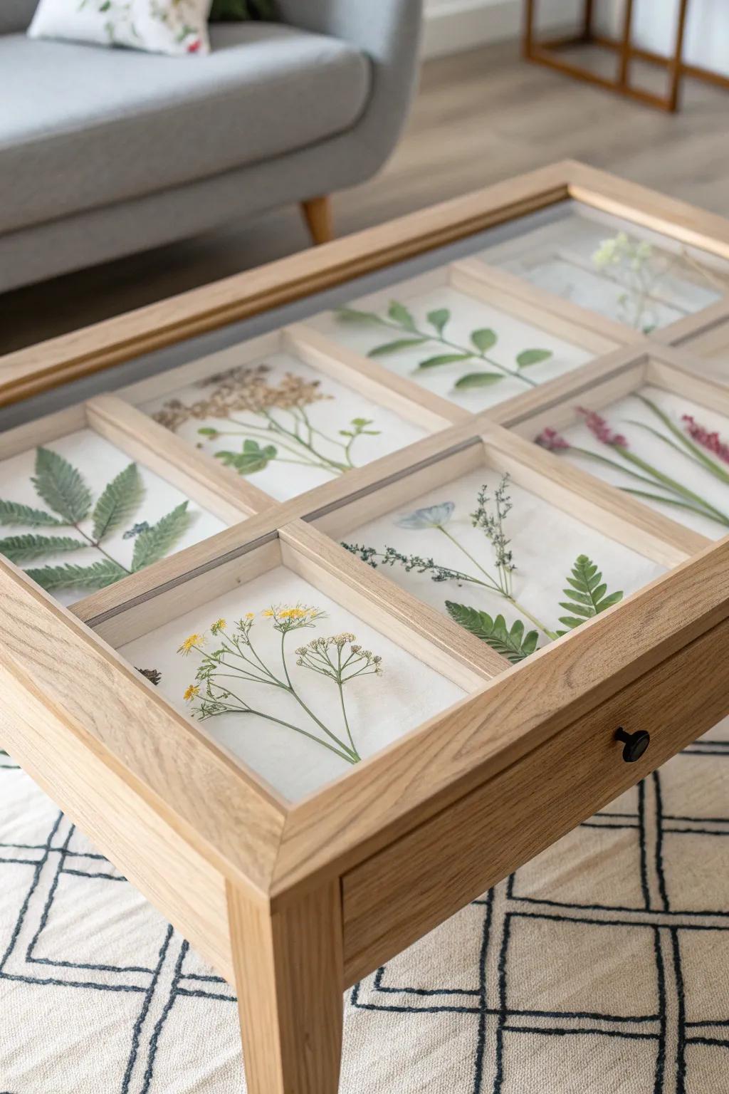 A shadow box coffee table styled like a modern herbarium—pressed blooms under glass, no clutter.