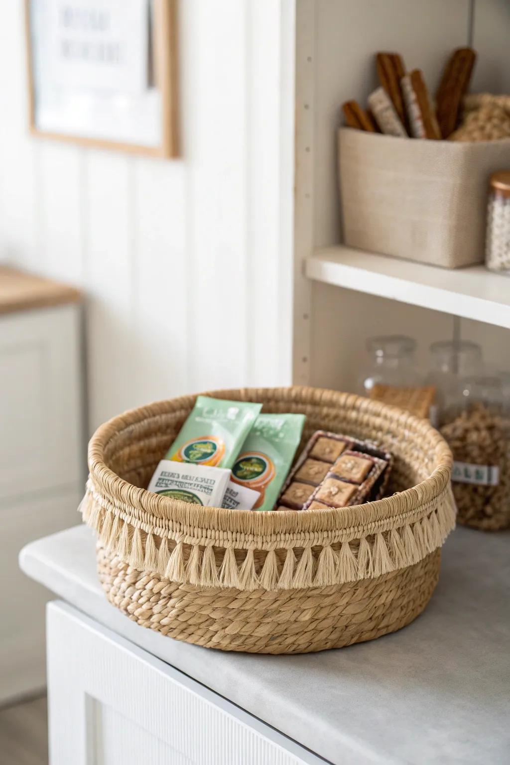A shallow woven basket turns snack chaos into a neat, slide-out “drawer” on pantry shelves.