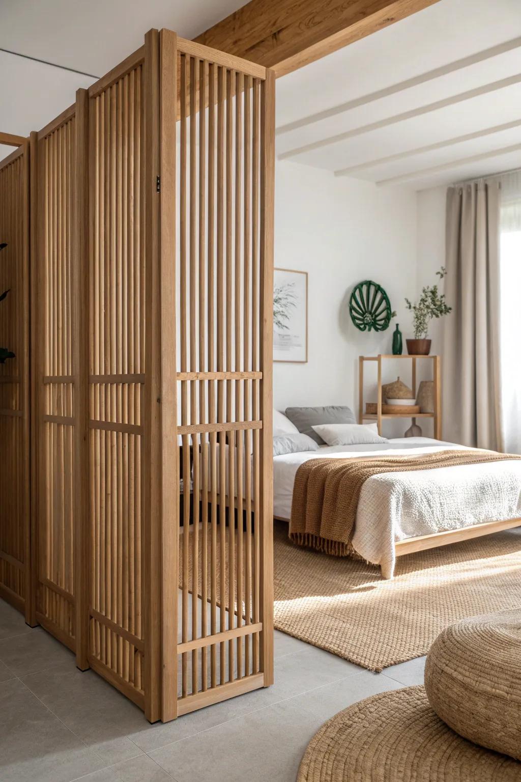Open oak slat divider adds airy privacy to shared beds—light, calm, and beautifully minimal.