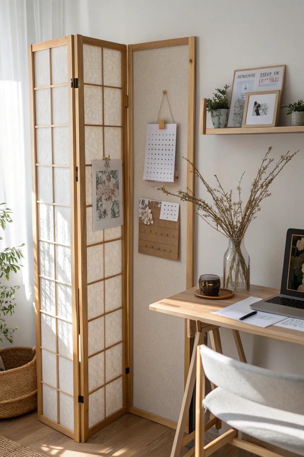 A slim divider-pinboard that adds privacy and vertical organization in a shared home office.