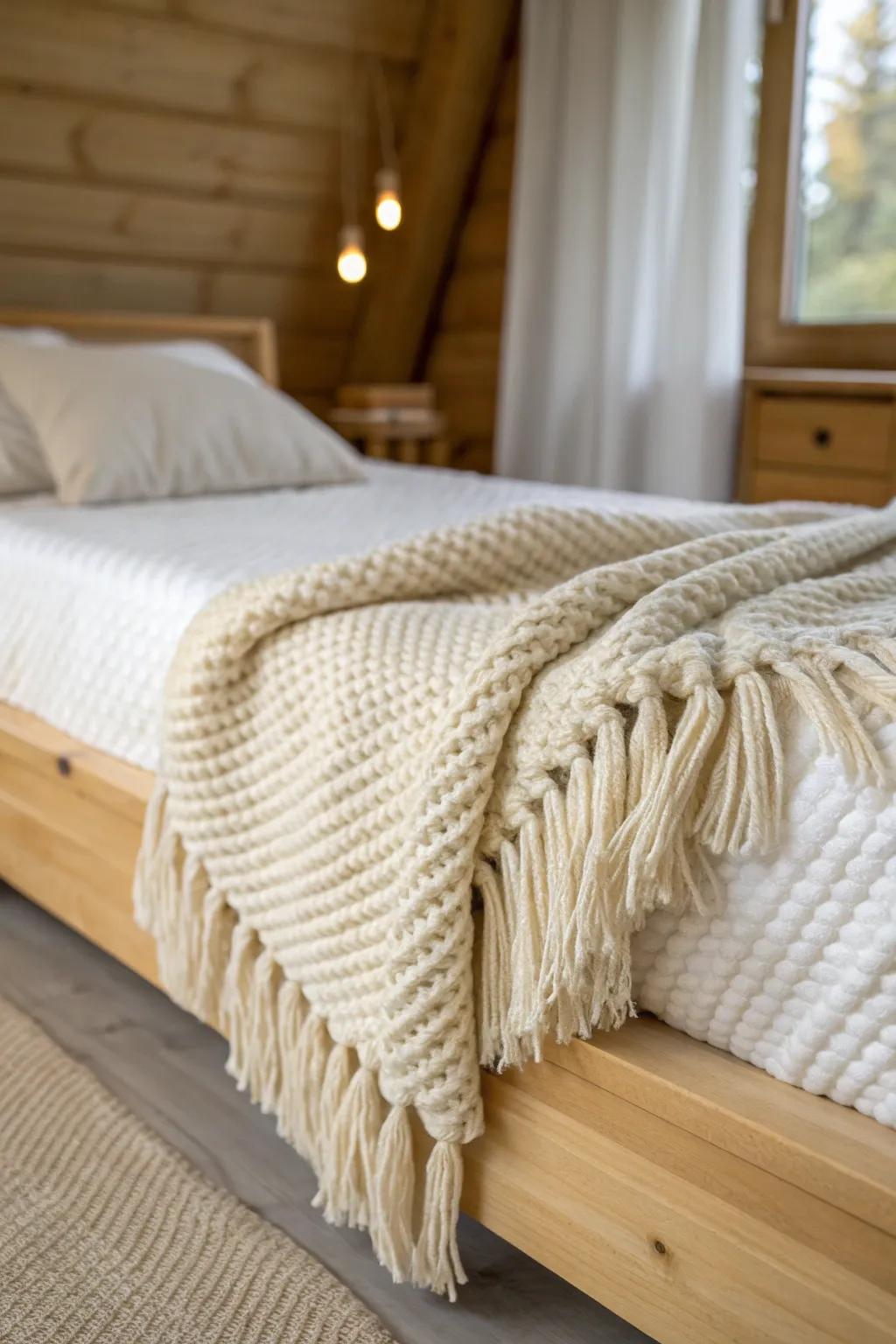 A chunky knit throw instantly softens a shed bedroom—warm, calm, and beautifully layered.