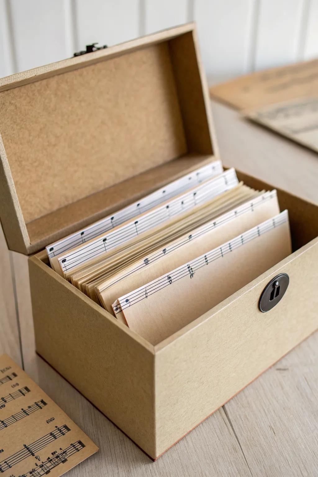 Recipe-box dividers keep single-sheet music sorted, pretty, and safe in the smallest space.