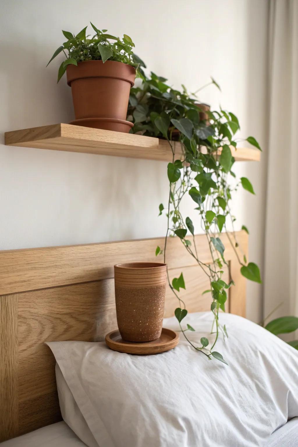 Dreamy floating shelf with trailing pothos—softens your bed wall without clutter.