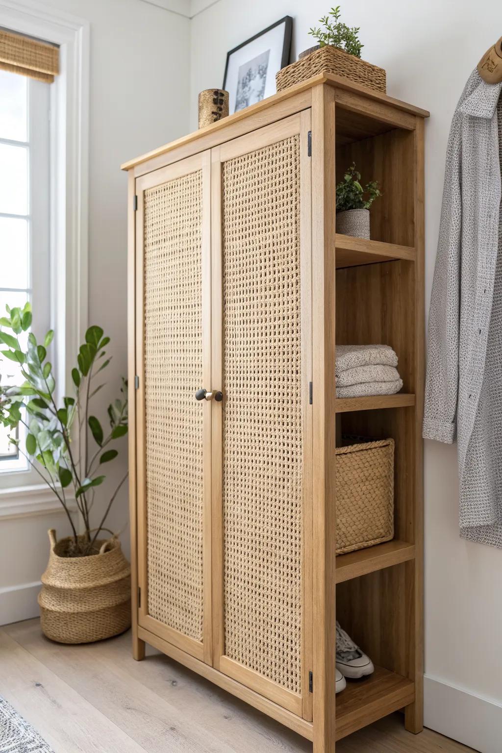 Hinged folding shelf panels—hide the clutter, swing open for instant hallway access.
