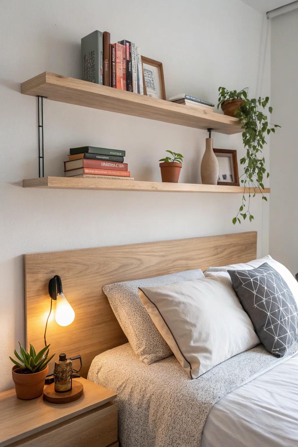 Headboard-height ledge shelf: reach-from-bed styling for books, warm lamp light, and greenery.