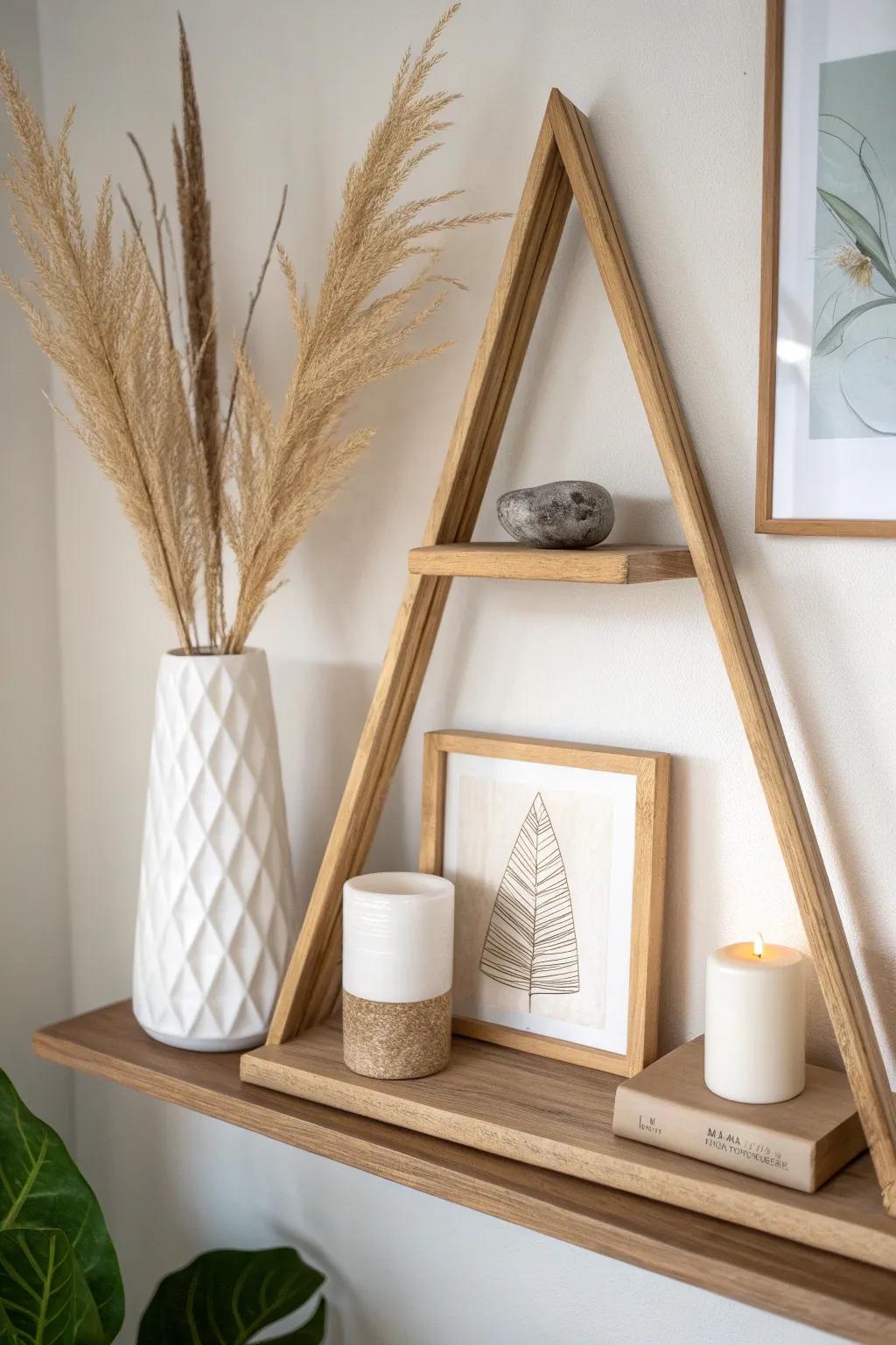 Triangle method shelf styling: three heights, one calm focal point for an effortless living room look.