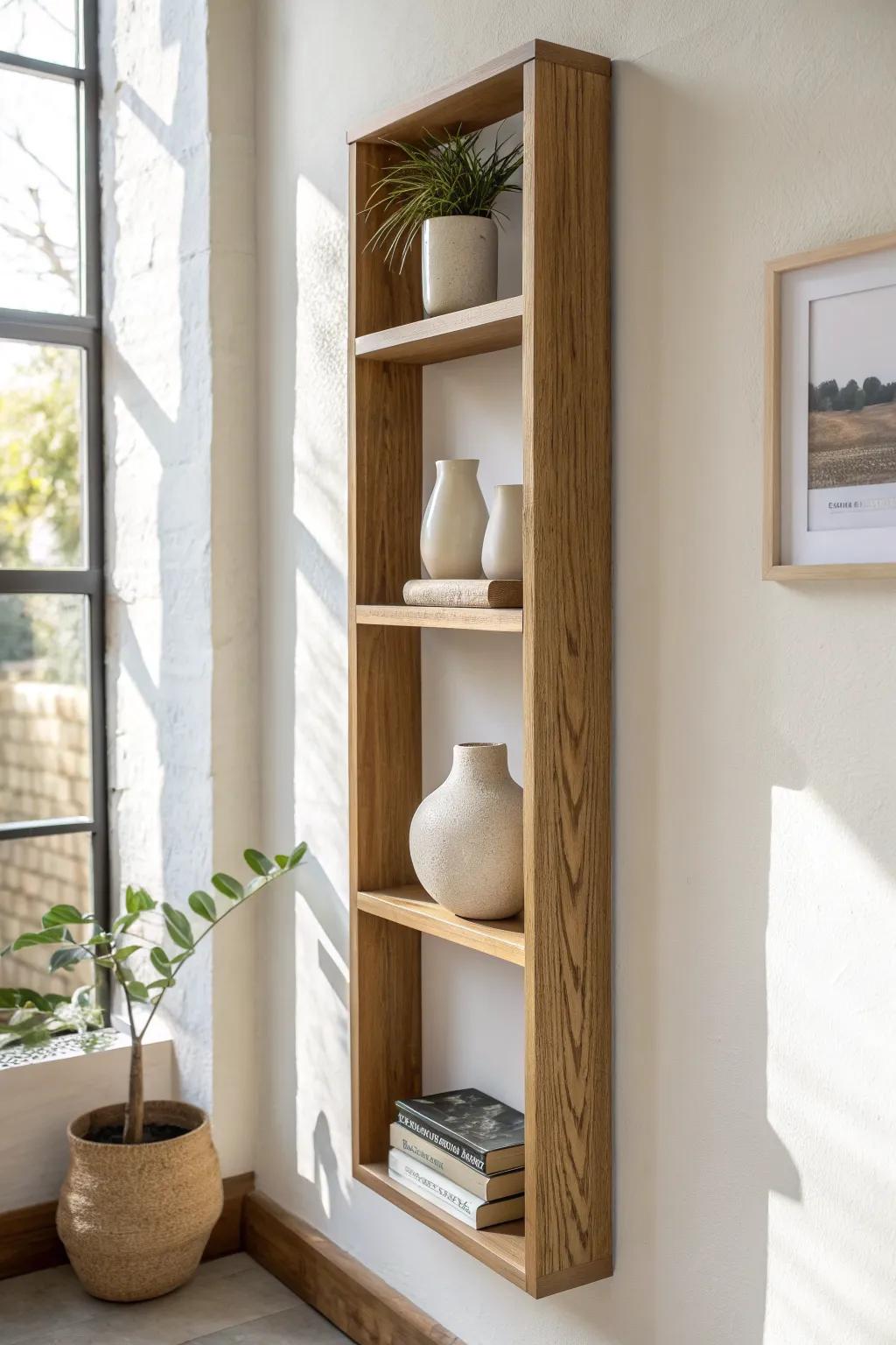 Modern asymmetrical shelves in light oak—balanced styling with one artisan vase and airy space.