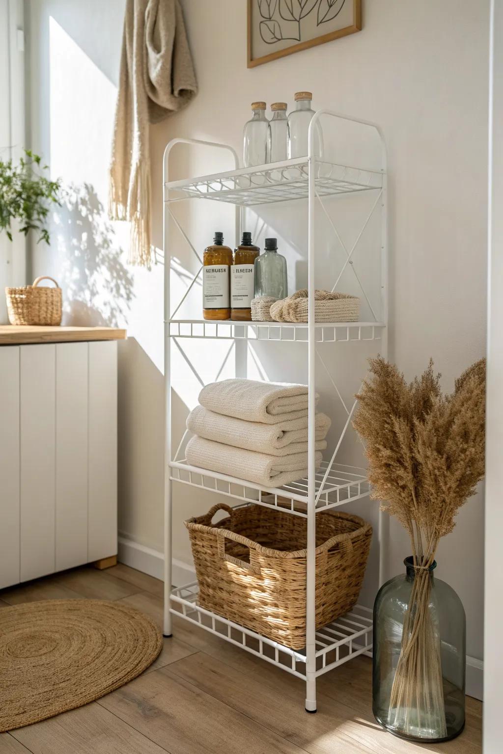 Lightweight wire shelving keeps tiny laundry rooms airy, organized, and beautifully reconfigurable.