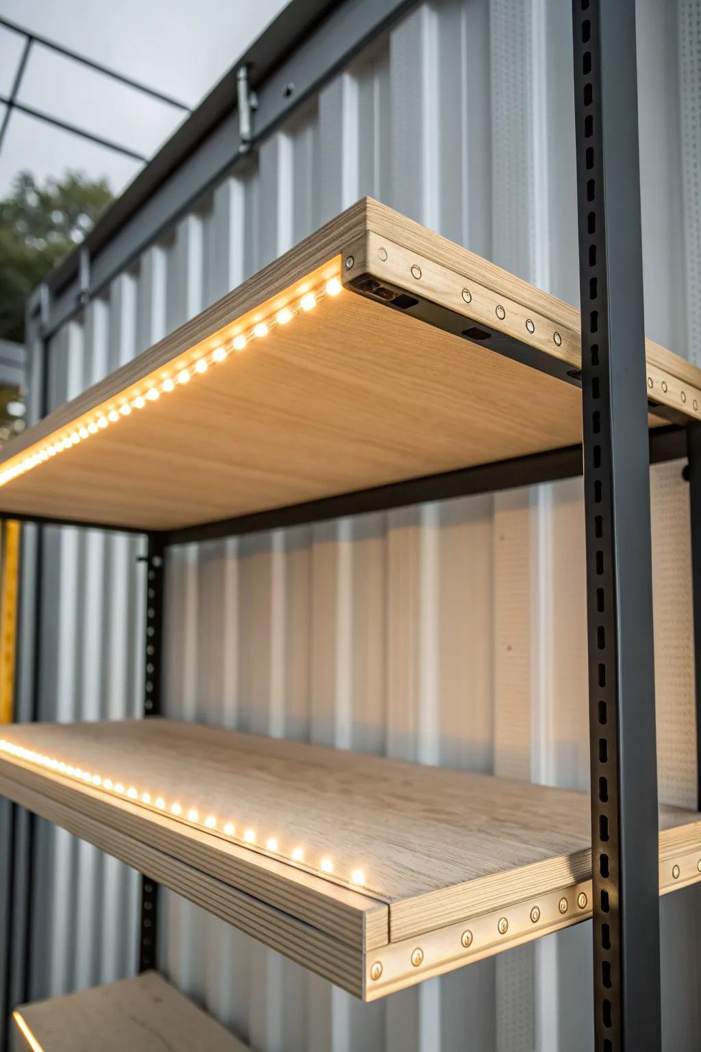 Warm under-shelf LED strips brighten container racks so you can spot small items at a glance.