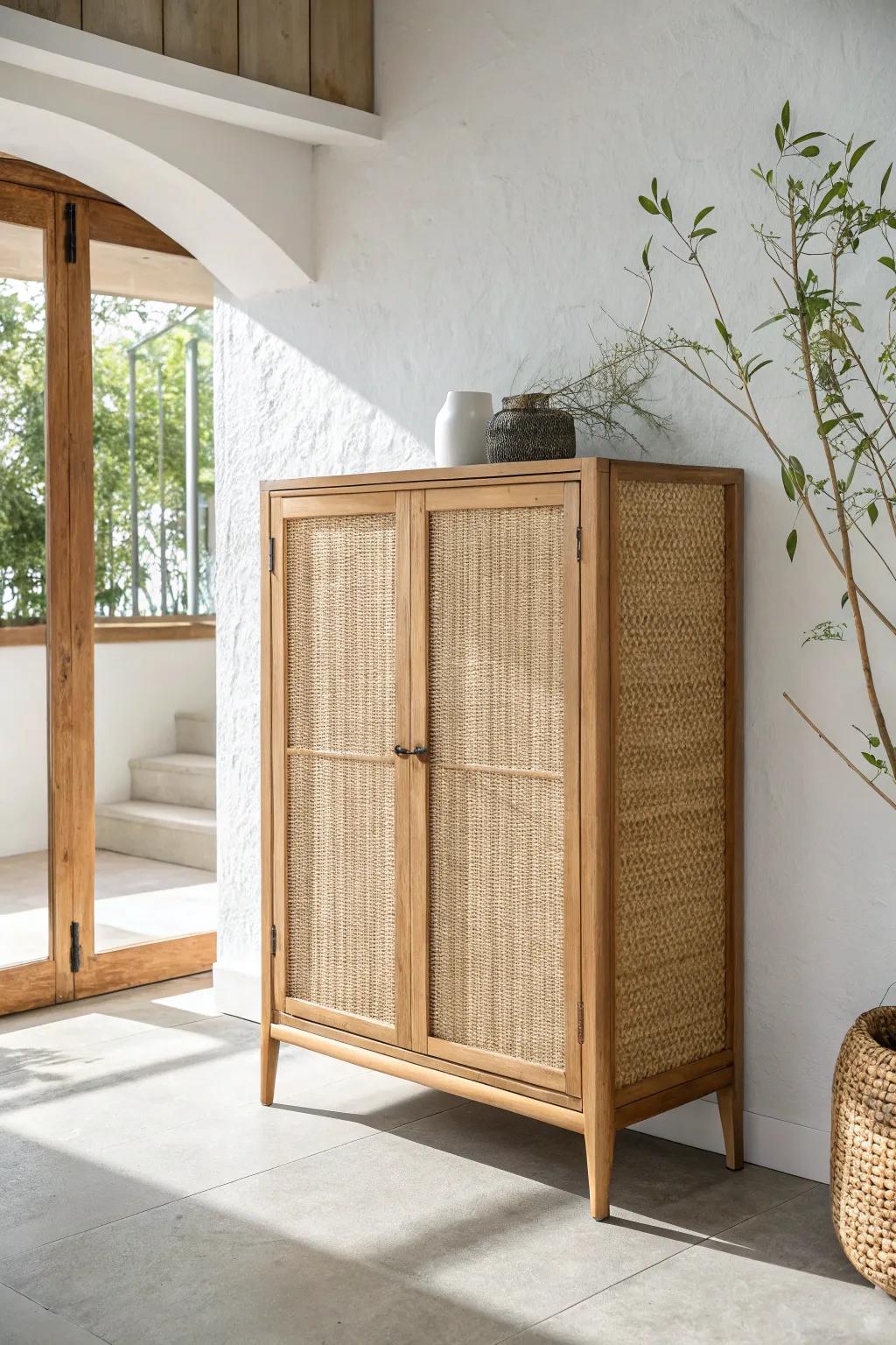 Rattan-front shoe cabinet: warm texture that makes small-space entryway storage feel like decor.