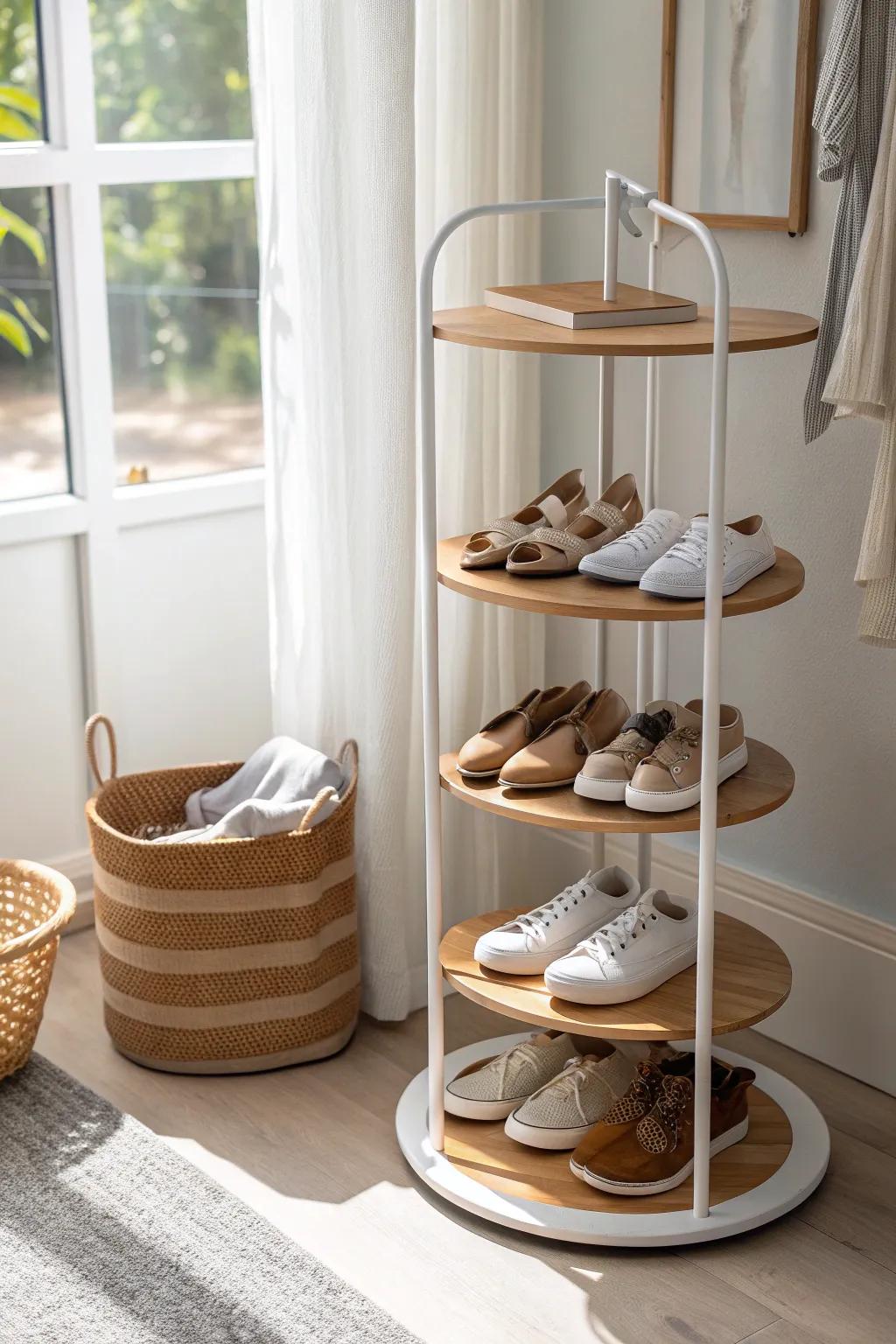 Spin-to-see shoe carousel: a tiny-closet upgrade that keeps every pair easy to grab.