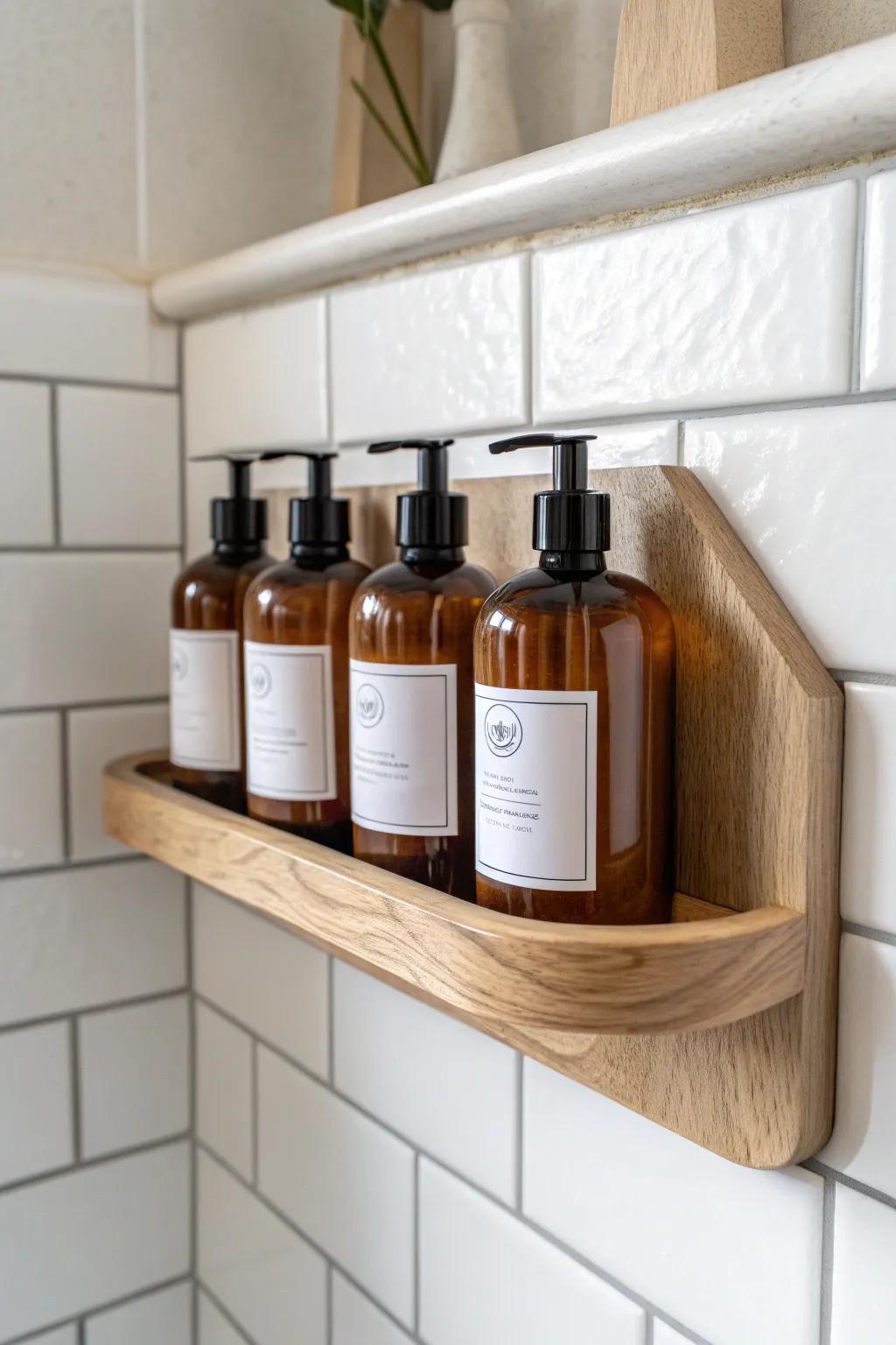 A calm shower corner: handmade oak shelf + matching amber bottles for instant spa minimalism.