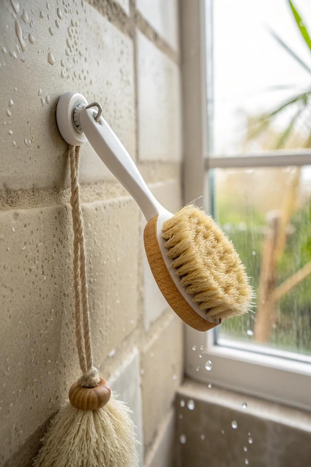 A simple suction hook keeps your wash brush dry, tidy, and beautifully off the shelf.