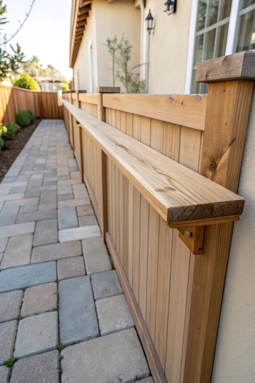 A fence-mounted ledge bar adds a chic coffee perch to a narrow side patio—no floor space needed.