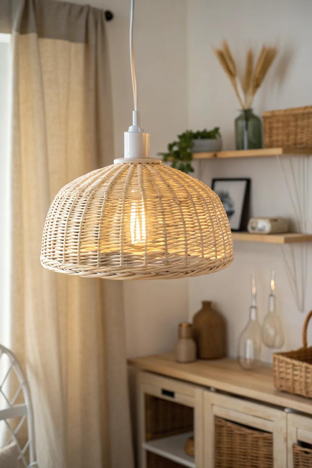 Warm bulbs + a simple woven pendant = the easiest budget upgrade for cozy living rooms.