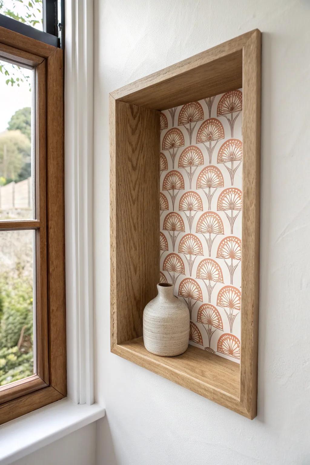 Peel-and-stick wallpaper in a tiny shelf nook adds a designed look—no full-room commitment.