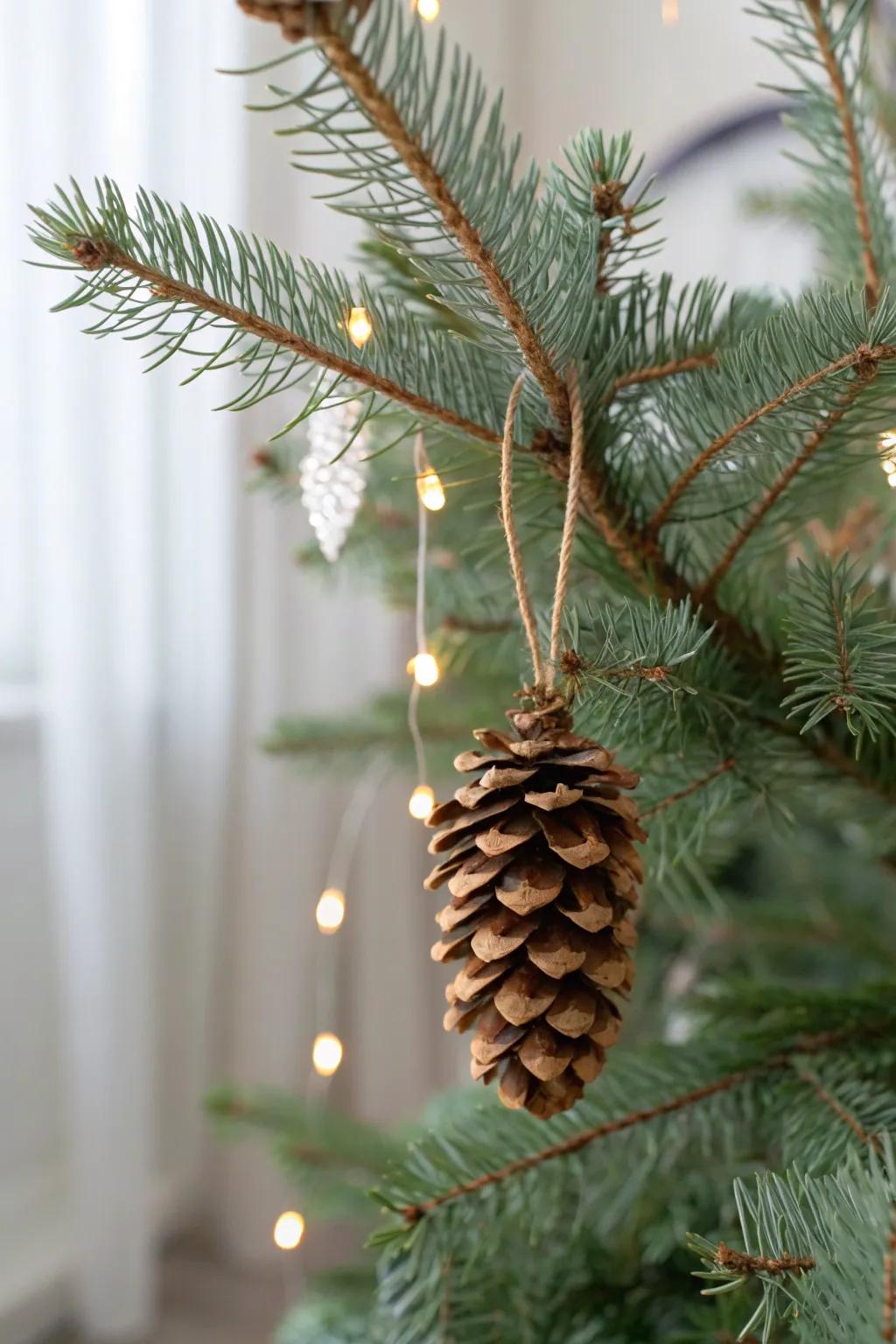 Natural pinecones add cozy texture to a slim Christmas tree—warm, simple, and uncluttered.