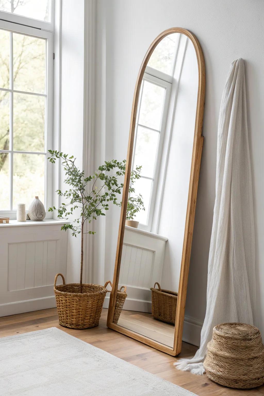A full-length mirror across the window instantly doubles light and makes a single dorm feel wider.