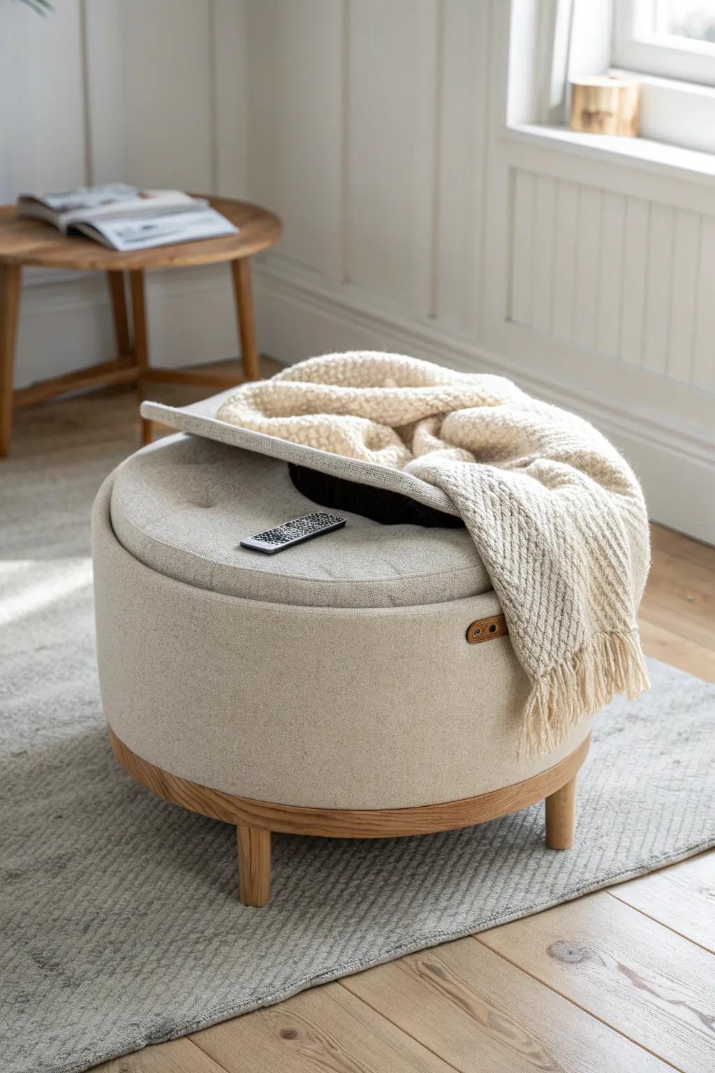 A chic storage ottoman hides blankets and remotes—instant calm for a small mobile home.