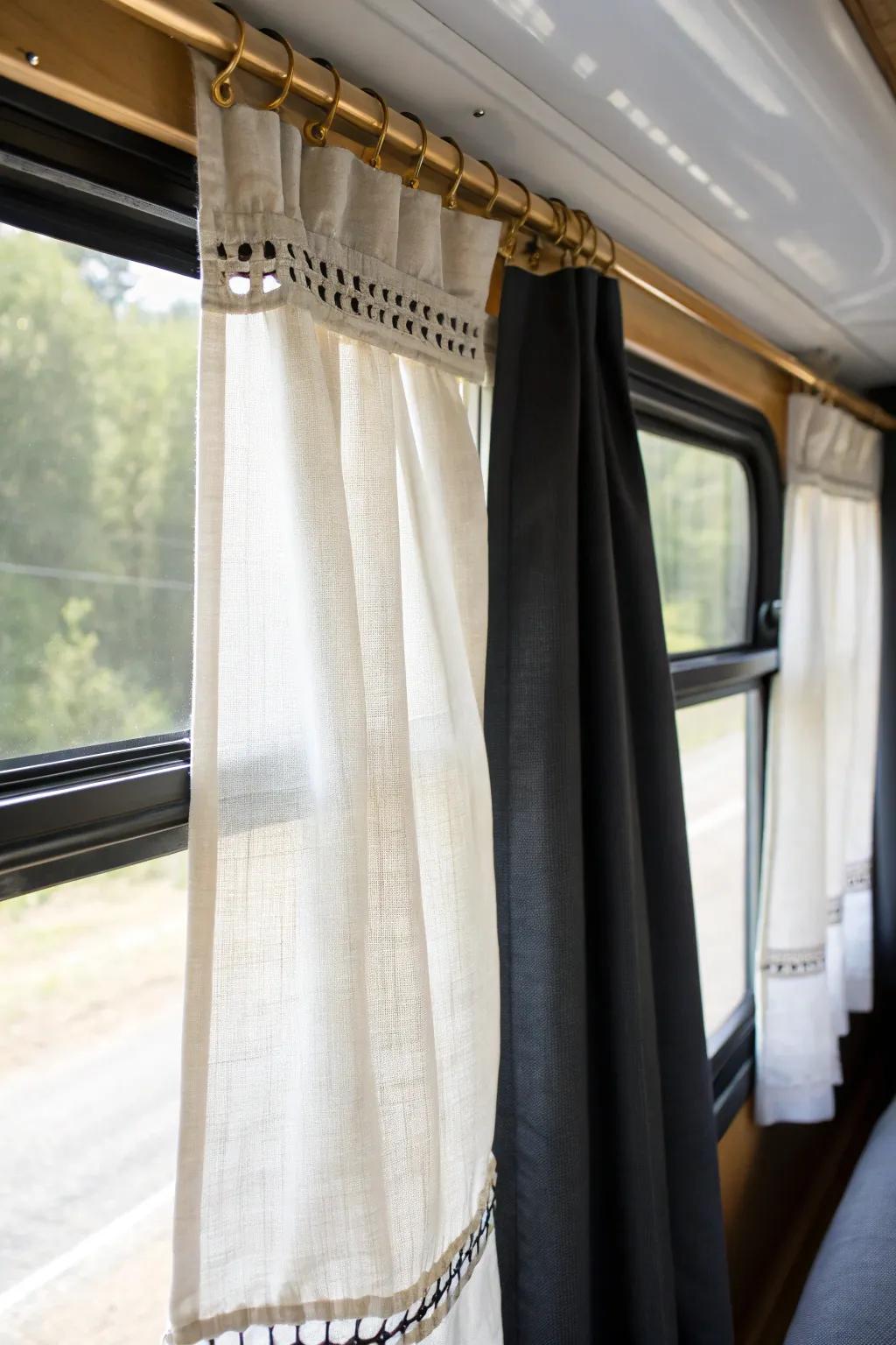 Sheer linen + blackout layer: bright days, cozy nights, and instant privacy for skoolie windows.